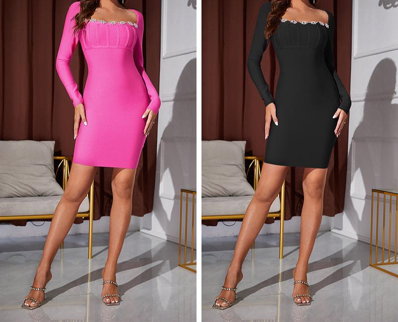 KAVYA Long Sleeve Crystals Bandage Dress