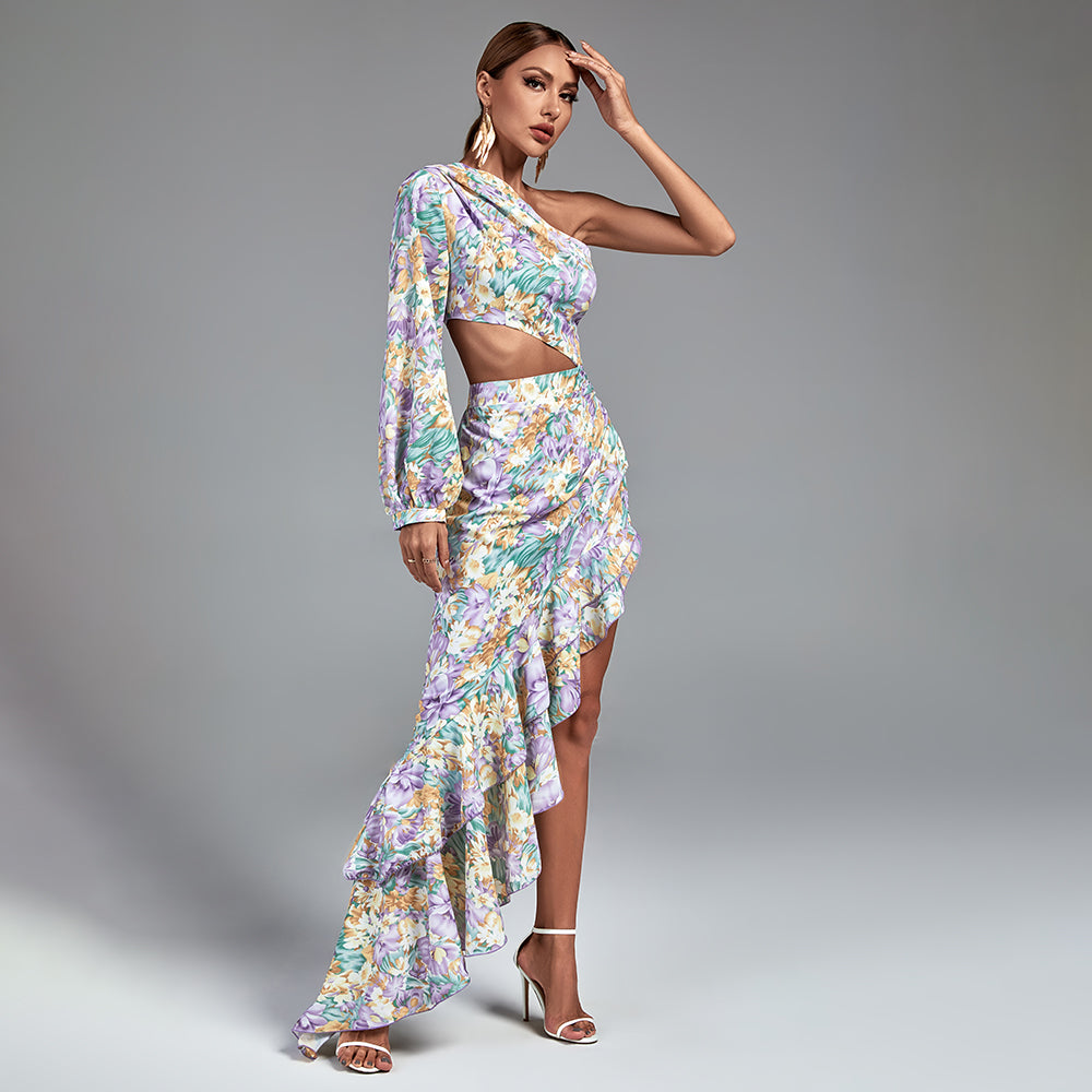 KIMBERLY One Shoulder Cut Out Maxi Flowers Dress