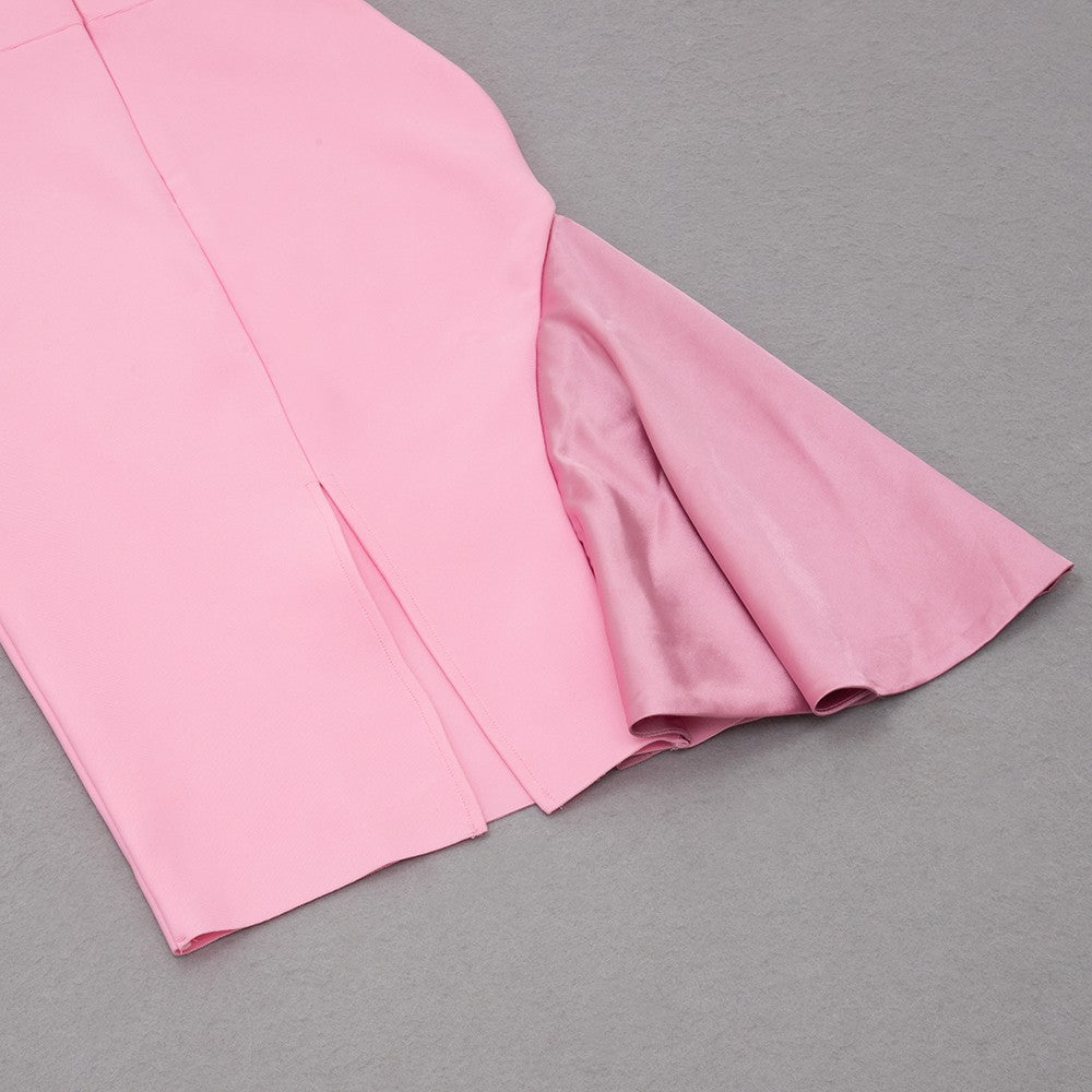 MARISHA Pink Plain Frill Midi Sleeveless Round Neck Bandage Dress