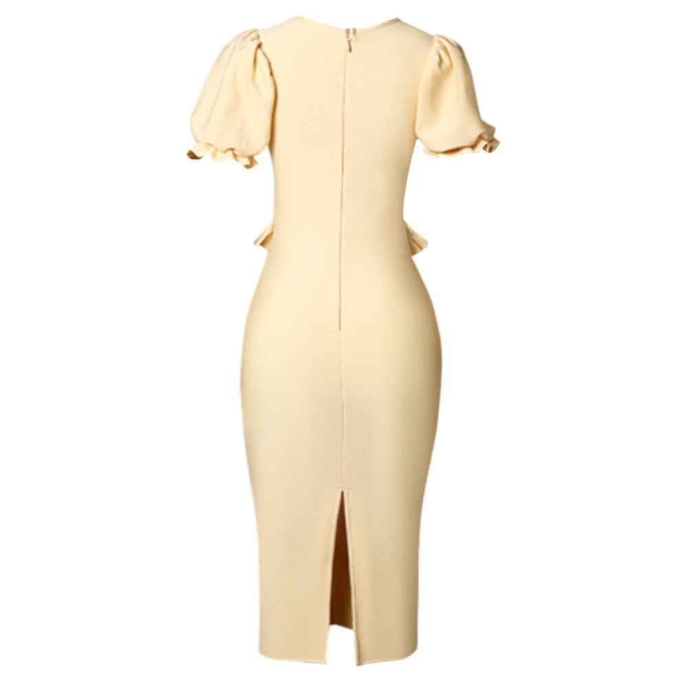 MIRNA Square Collar Short Sleeve Frill Midi Bandage Dress